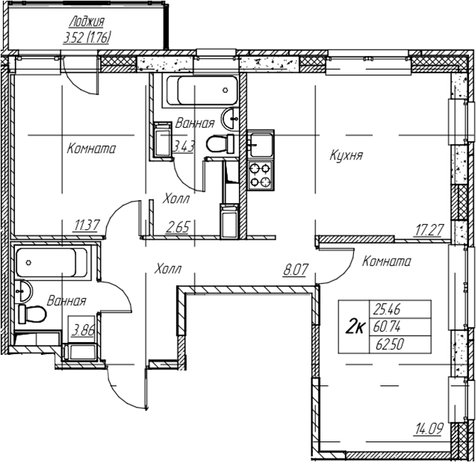 2-комнатная квартира 62.5 м², 18/22 эт., ЖК «Парк-квартал Юнтолово»